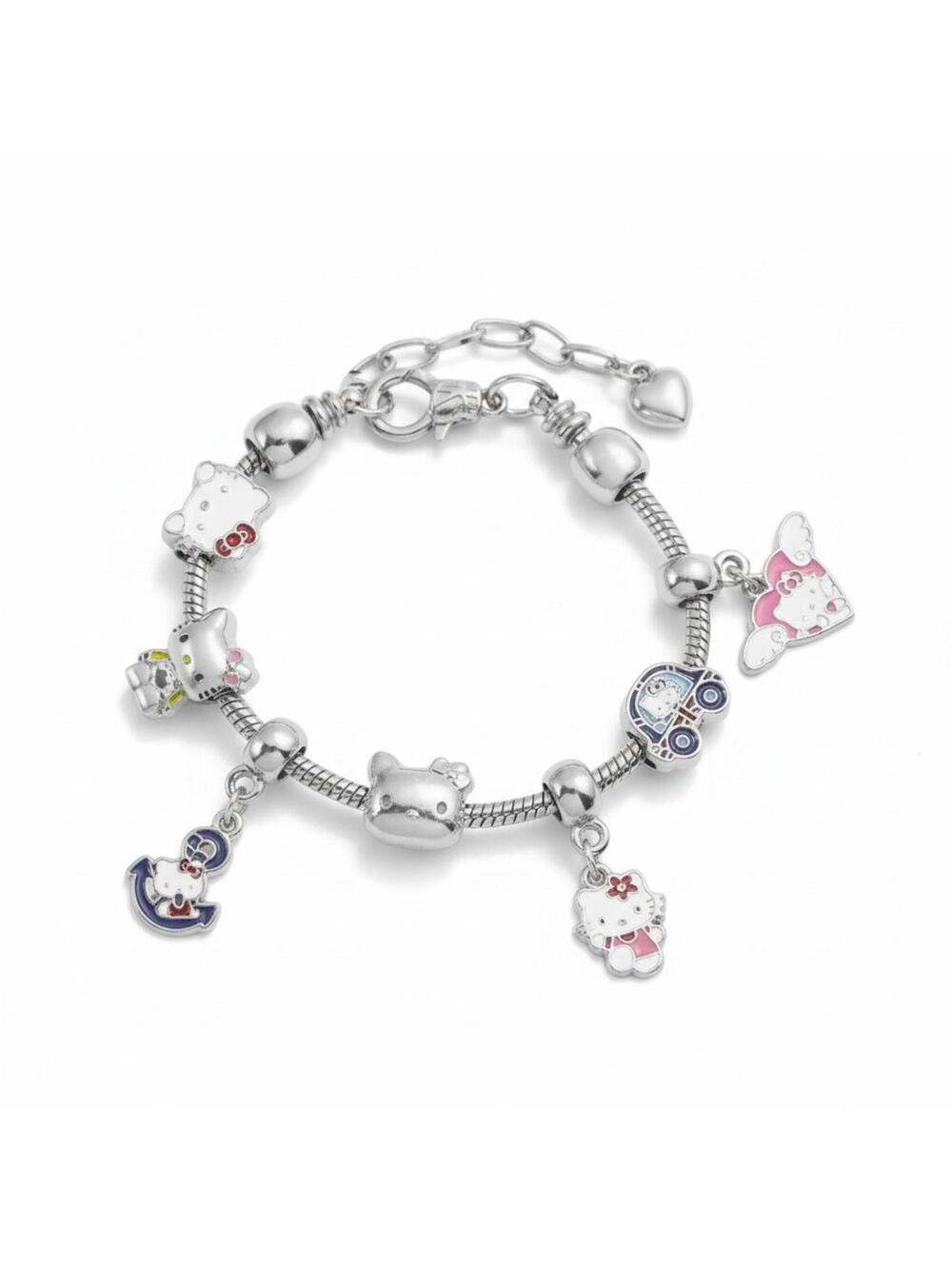 Hello Kitty Charm Bracelet - Pink Silver Tone Sanrio Jewelry Adjustable Size